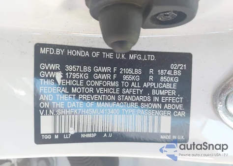 2021 Honda Civic Sport из США, поврежденный, VIN SHHFK7H45MU413400